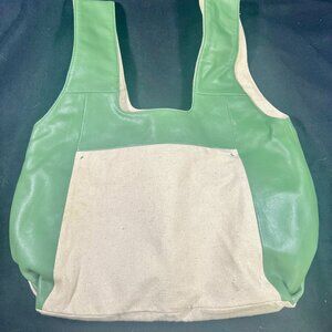 Splendid Green Leather and Natural Cotton Tote Bag - New With Tags